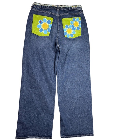 Old Navy Jeans Painted Mod Retro 70s Flower Blue Green High Rise Curvy Wide Leg - Picture 2 of 12